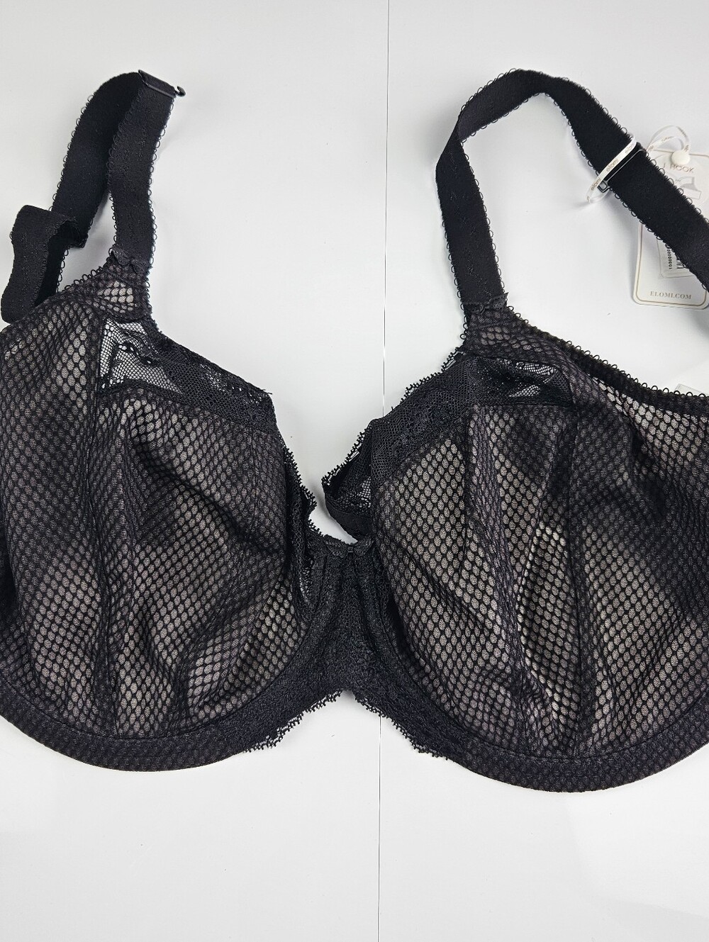 Elomi Charley Black Mesh Lace Trimmed J Hook Underwire Bra Size 32N